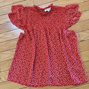 She + Sky Red Floral Smocked Bodice Dress
